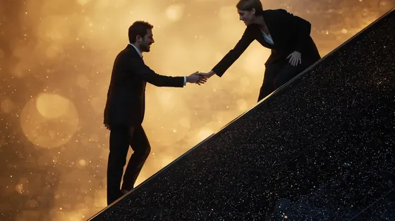 One professional reaching down to help another up a steep climb in golden light