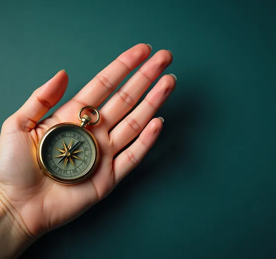 A hand holding an open brass compass against deep teal