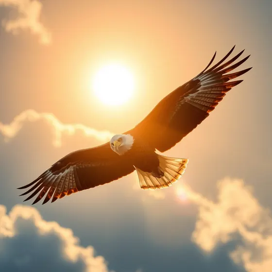 An eagle soaring through clouds toward the rising sun