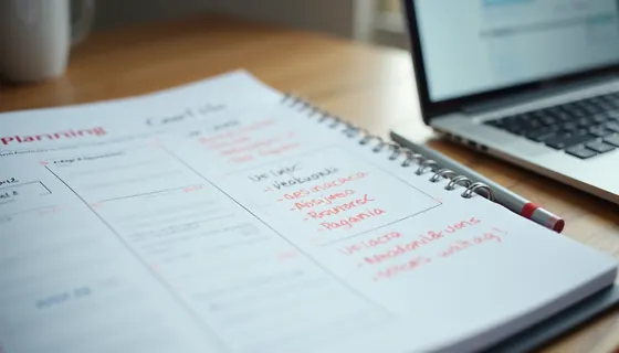 A career planning notebook open beside a laptop