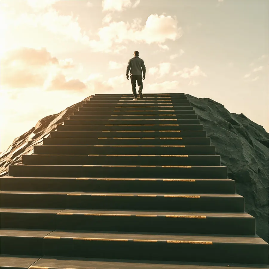 A person climbing a staircase that rises into a bright sky